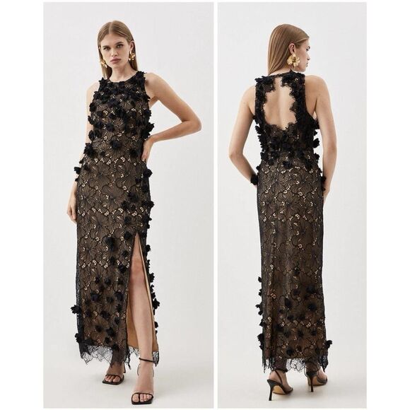 Karen Millen Dresses & Skirts - NWT Karen Millen Black Lace Floral Appliqué Midi Dress Open Back Slit US 6